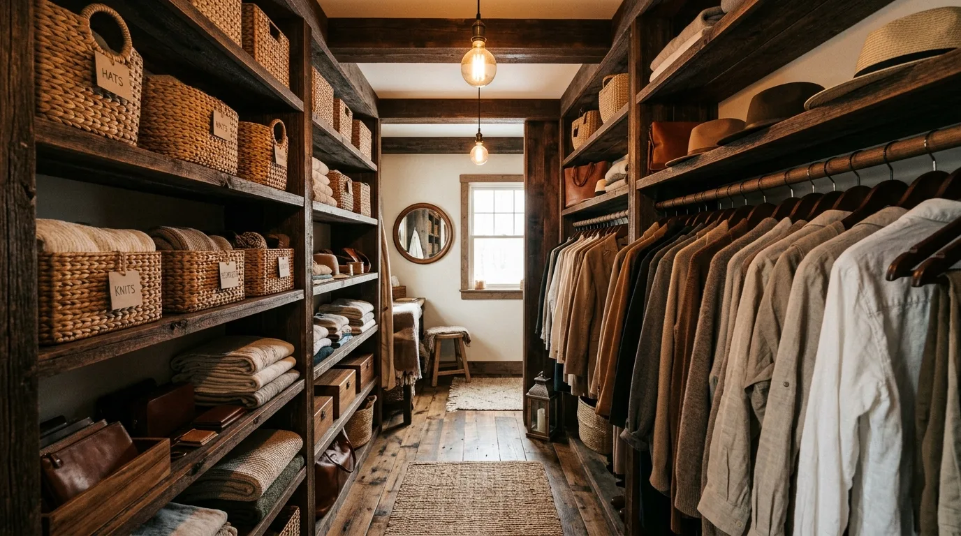 Stunning walk-in closet with lightly styled open shelves and display accents.