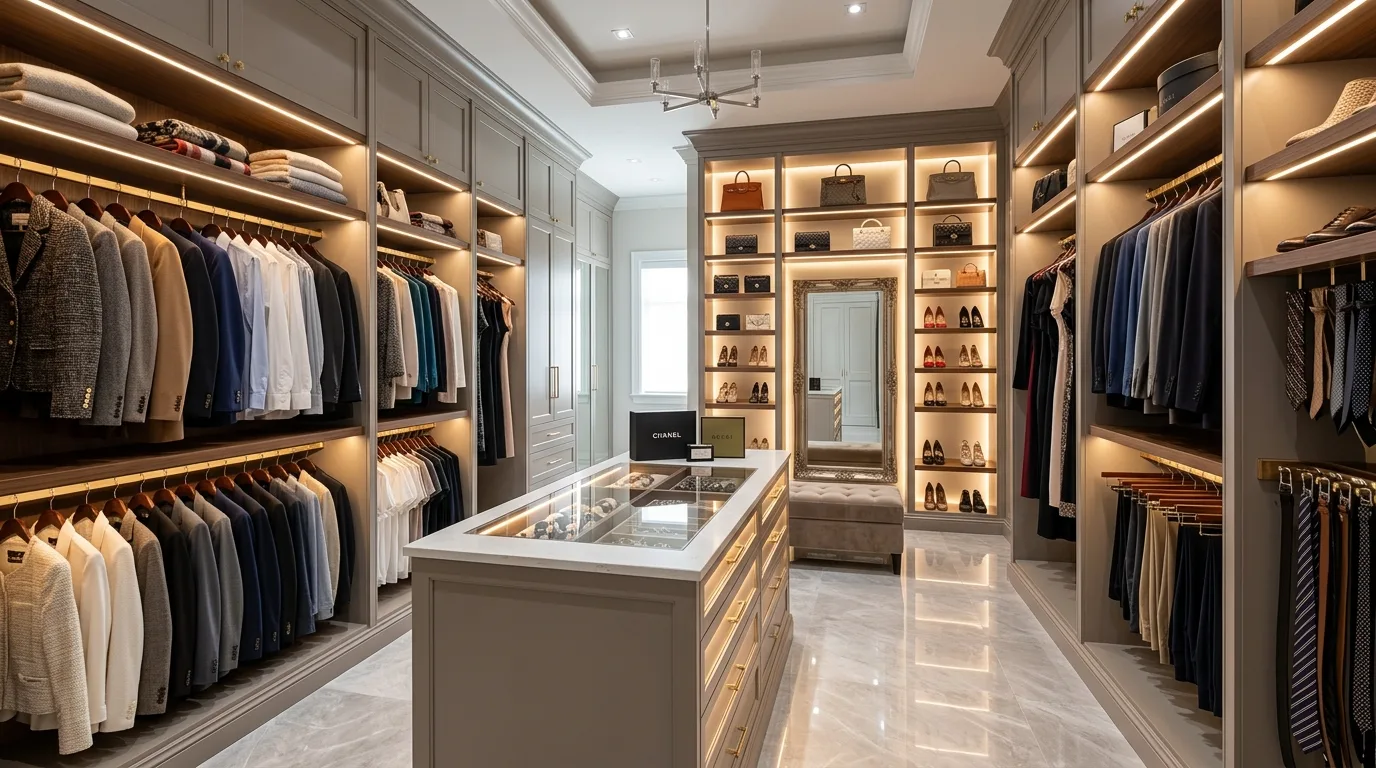 Dreamy boutique-style walk-in closet with elegant lighting and balanced storage.
