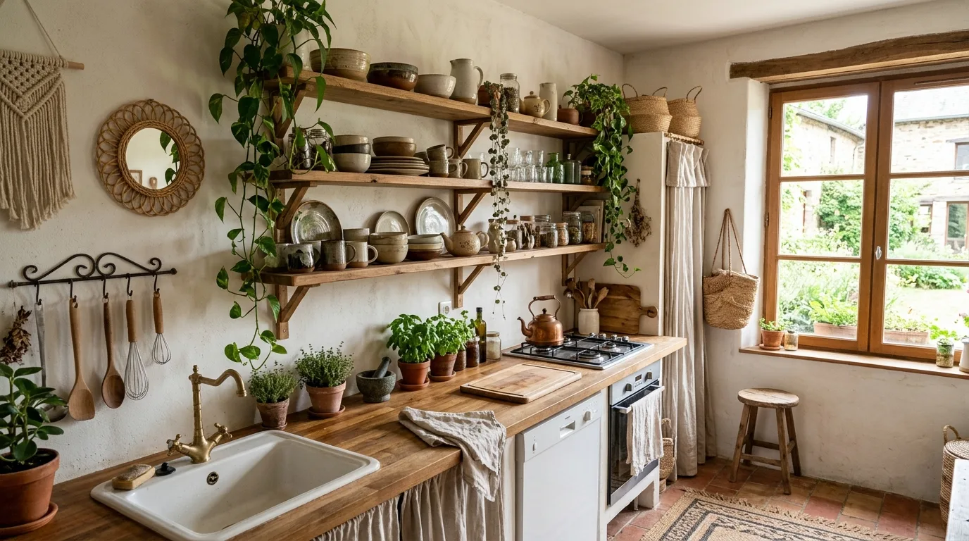 Eclectic boho kitchen with open shelving, pottery, plants, and warm collected styling.
