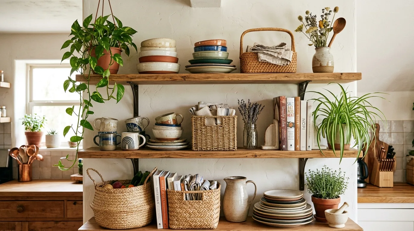Open kitchen shelving styled with trailing plants and everyday dishware.