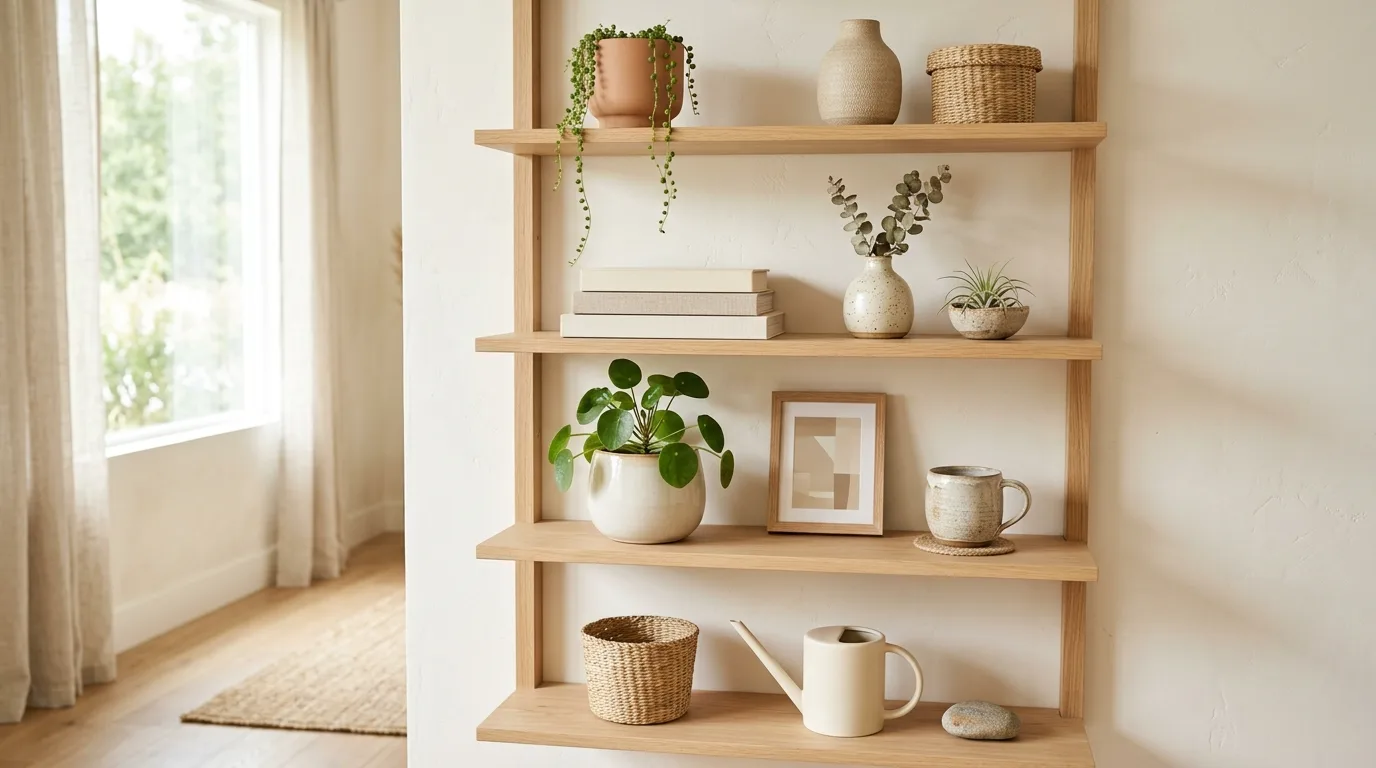 Boho open shelving kitchen with warm wood shelves against white walls.