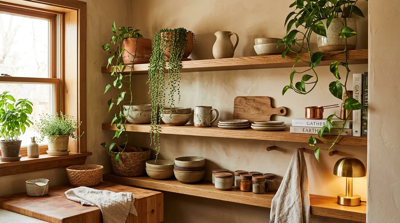 Open shelves holding neutral dish stacks in cream, clay, and sand tones.