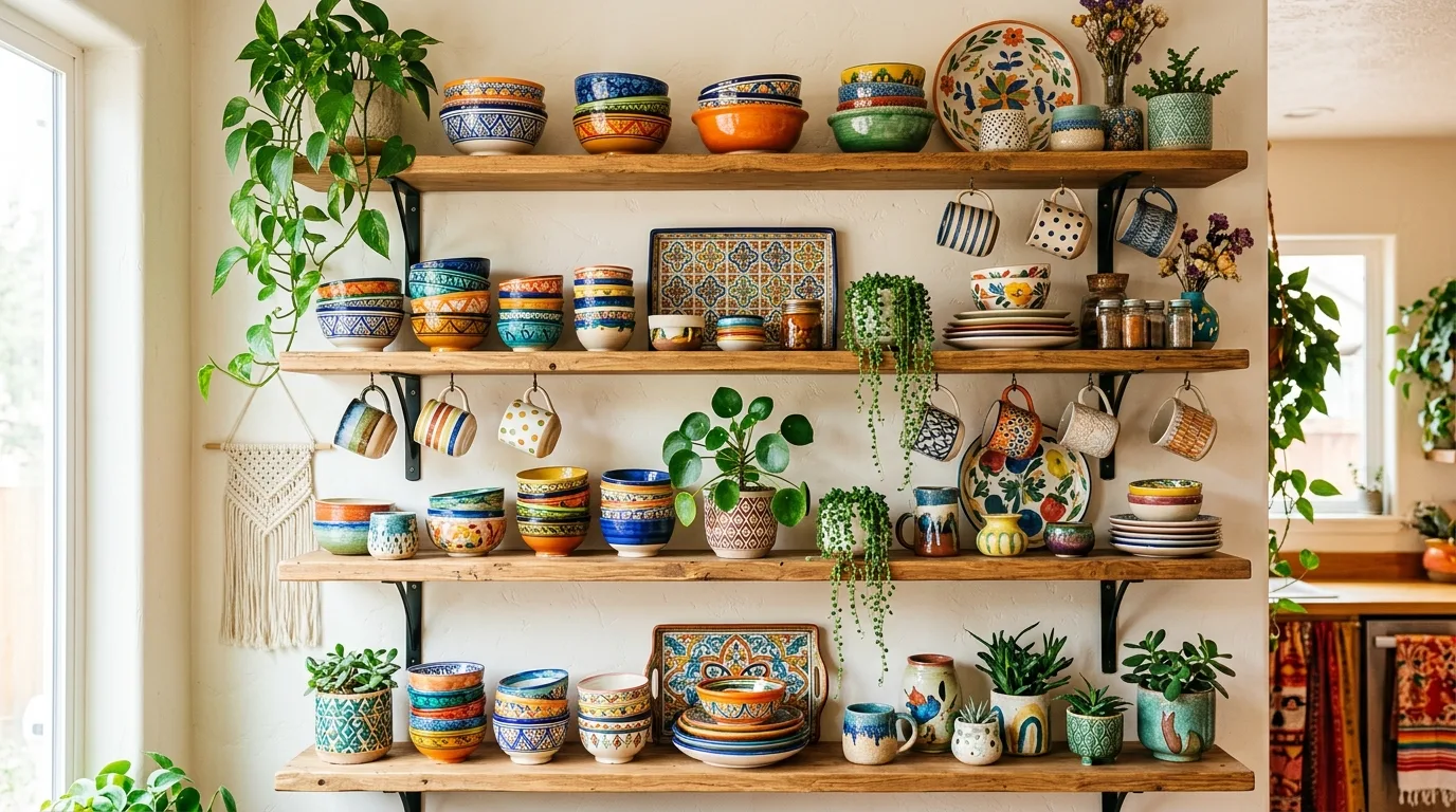 Boho kitchen shelving styled with woven baskets and natural textures.