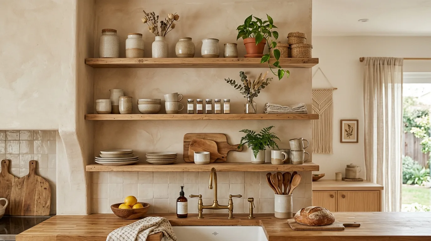 Open shelving kitchen with small framed art leaned behind dishes.