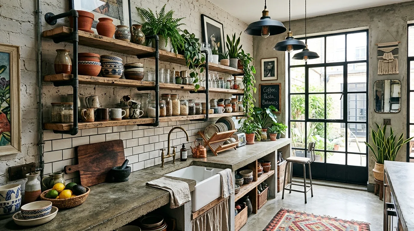 Boho kitchen shelves with glass jars storing pantry staples neatly.