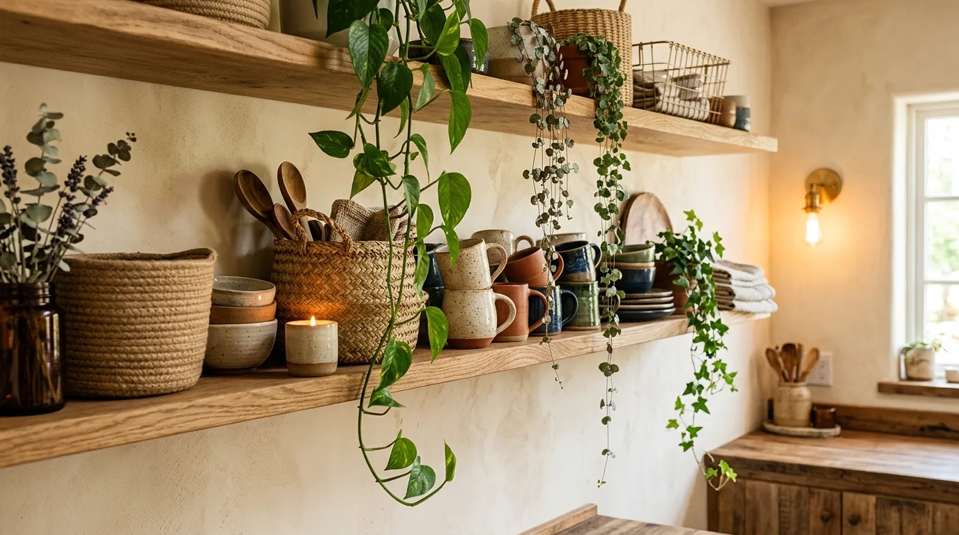Open kitchen shelves displaying a colorful collection of mugs.