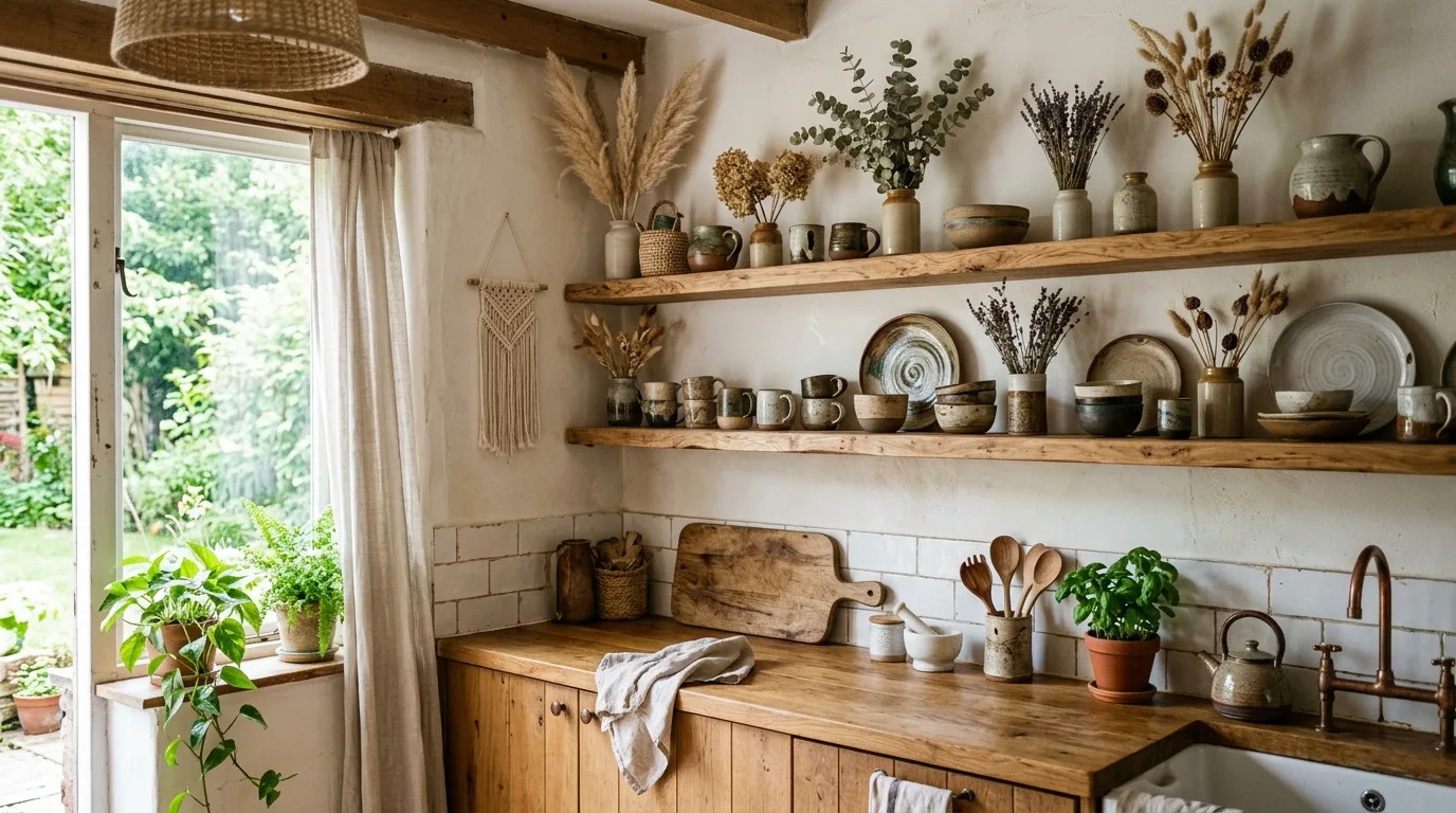 Boho kitchen shelf styling with folded linen and wood cutting boards.