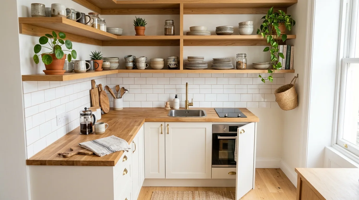 Boho open shelving kitchen with darker wall color creating contrast.