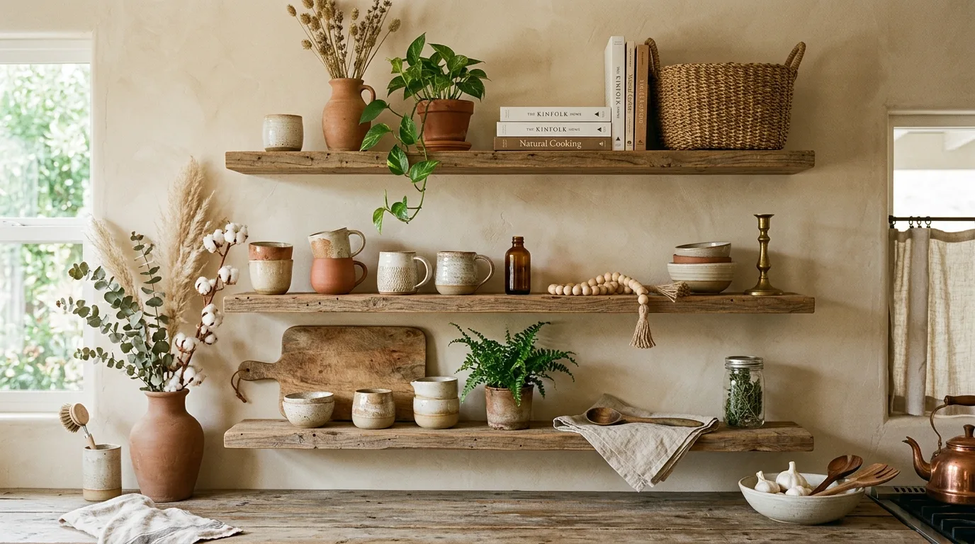 Open kitchen shelves featuring collected vintage bowls and crocks.