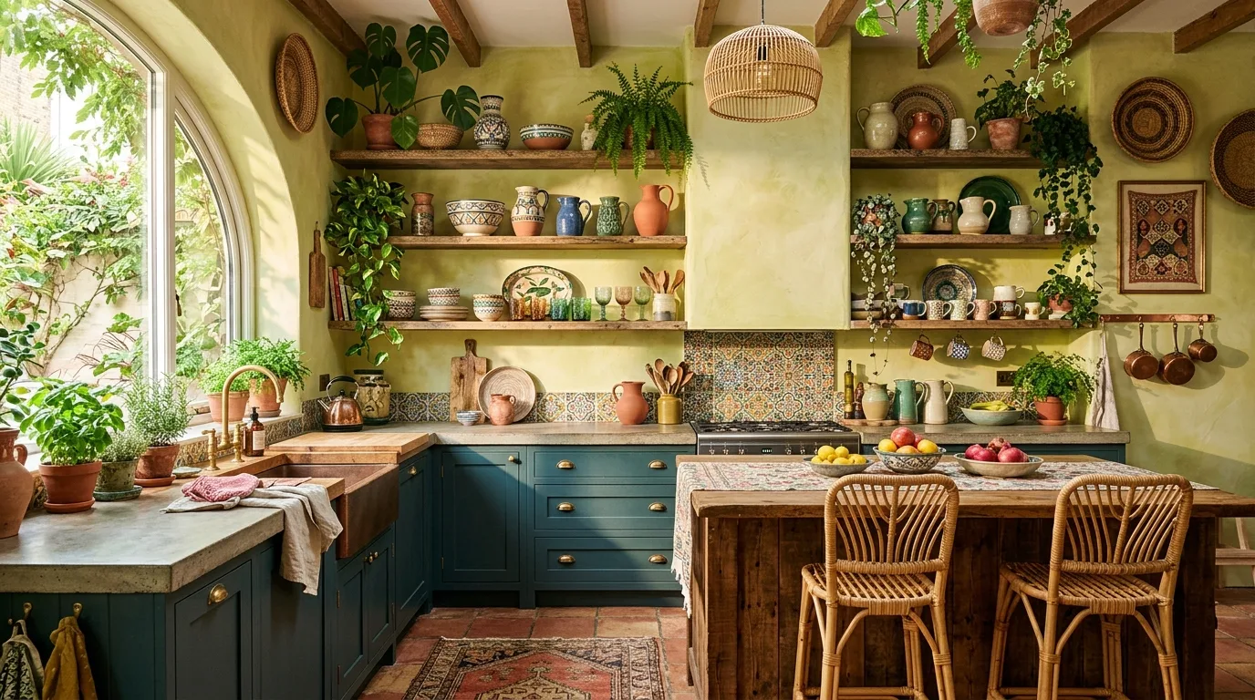 Boho kitchen shelves styled with cookbooks, bowls, and practical decor.
