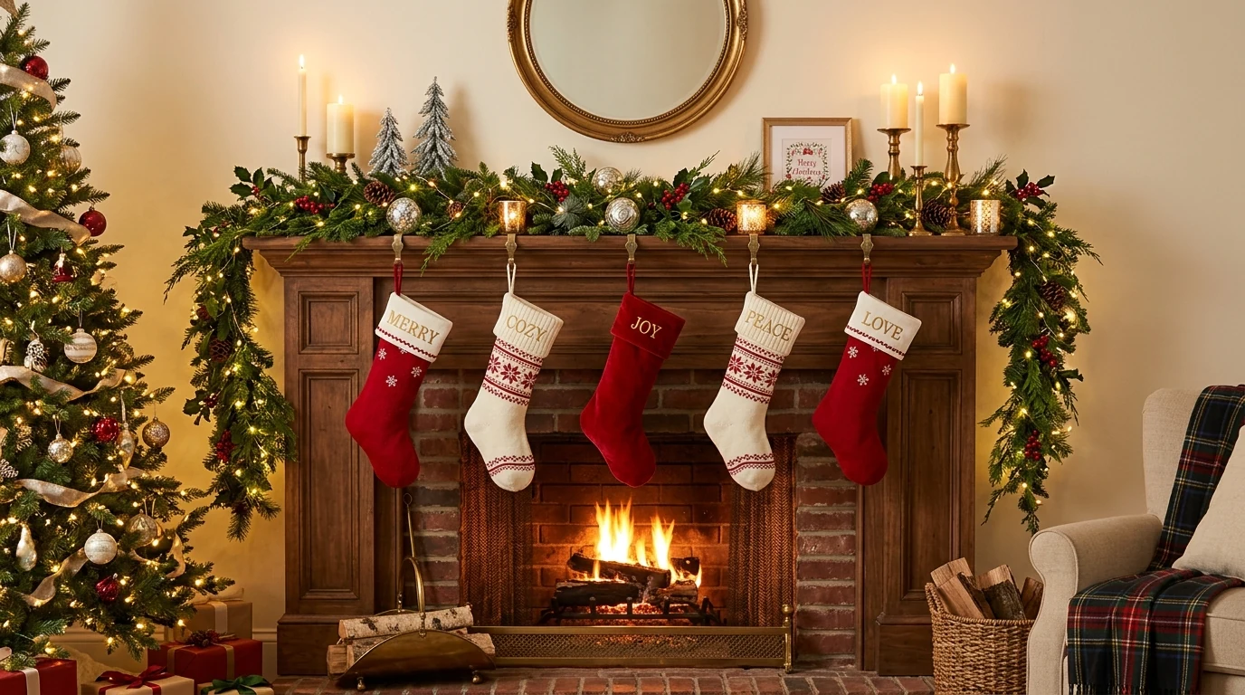 Elegant Christmas mantel with garland, stockings, candles, and refined holiday styling.