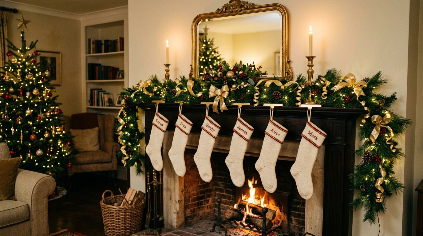 Christmas mantel decorated with large red velvet bows and greenery.