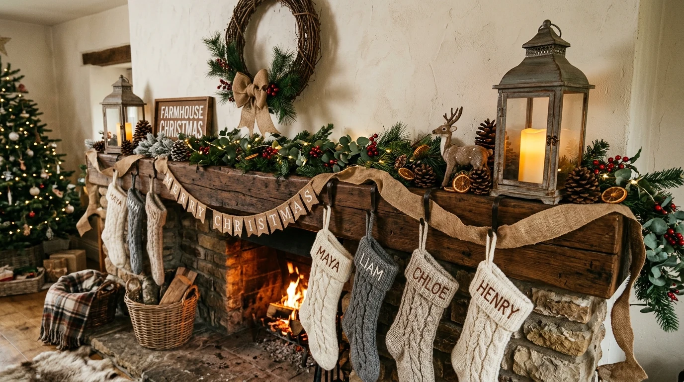 Christmas fireplace hearth styled with lanterns and warm candlelight.