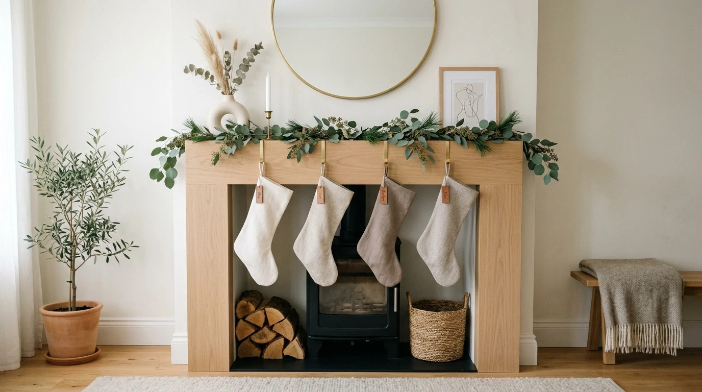 Fireplace mantel with garland framing a mirror for Christmas.