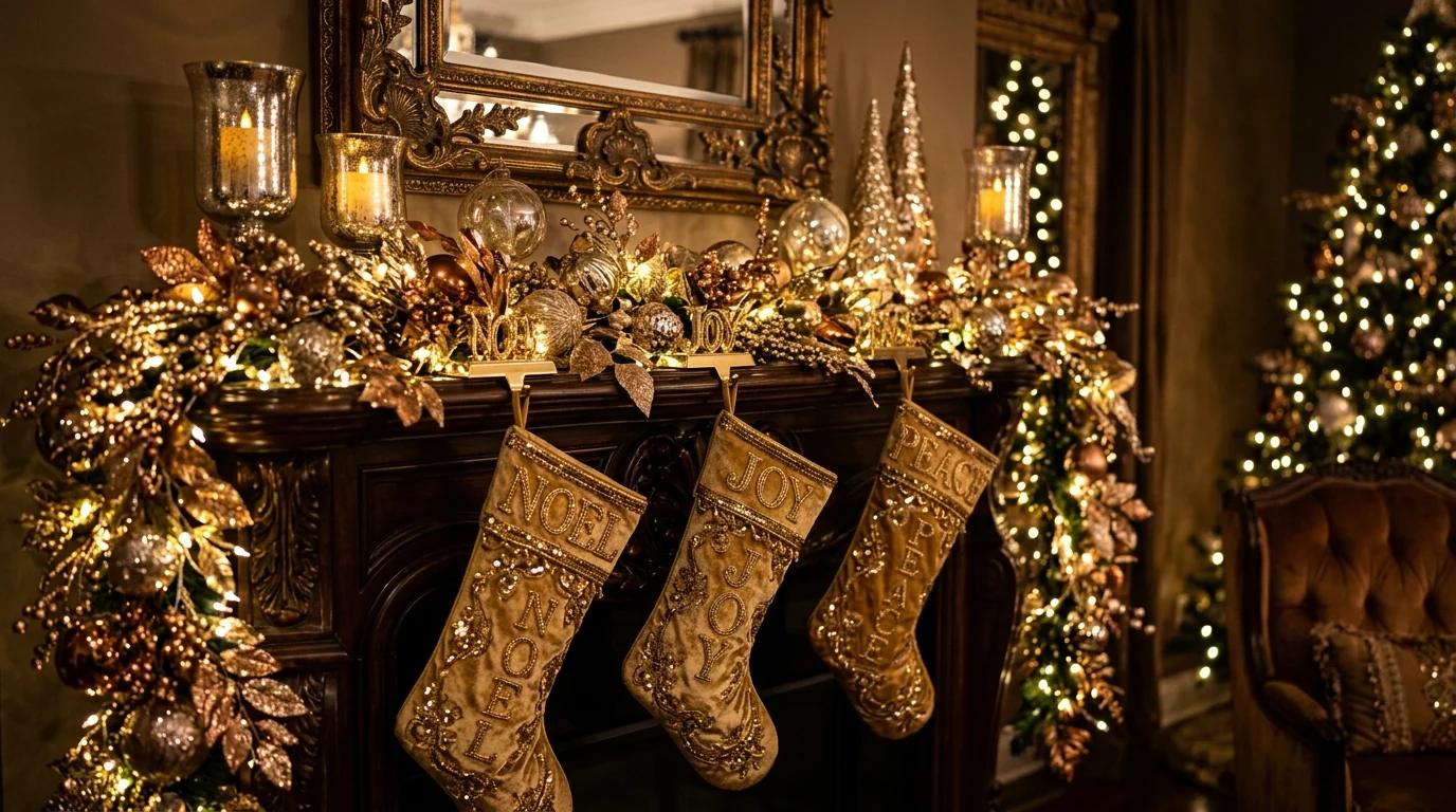 Christmas mantel with flocked greenery and snowy white decor.