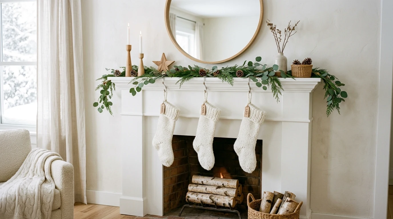 Christmas mantel styled with brass candlesticks and fresh pine greenery.