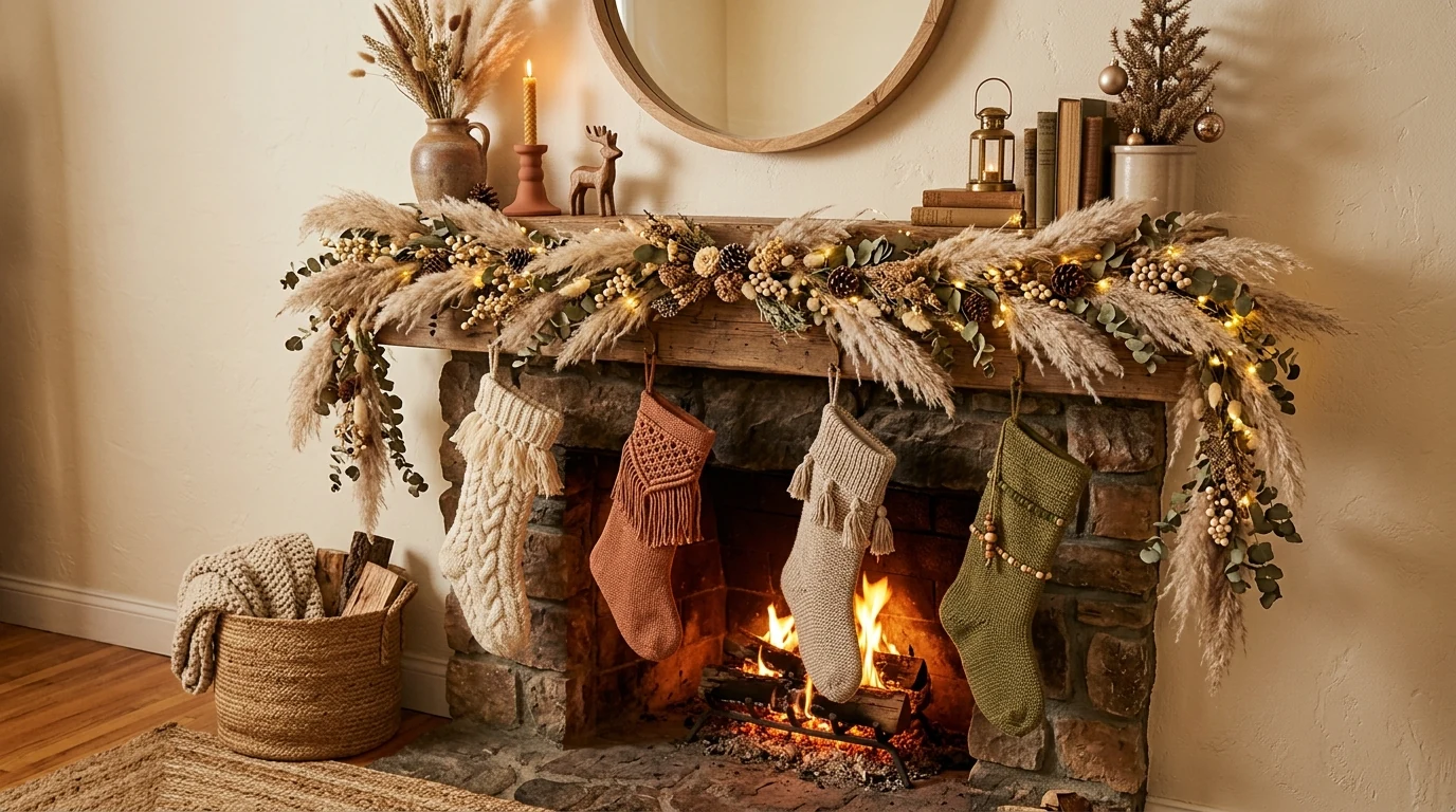 Christmas mantel with wood bead garland, ribbon, and layered greenery.