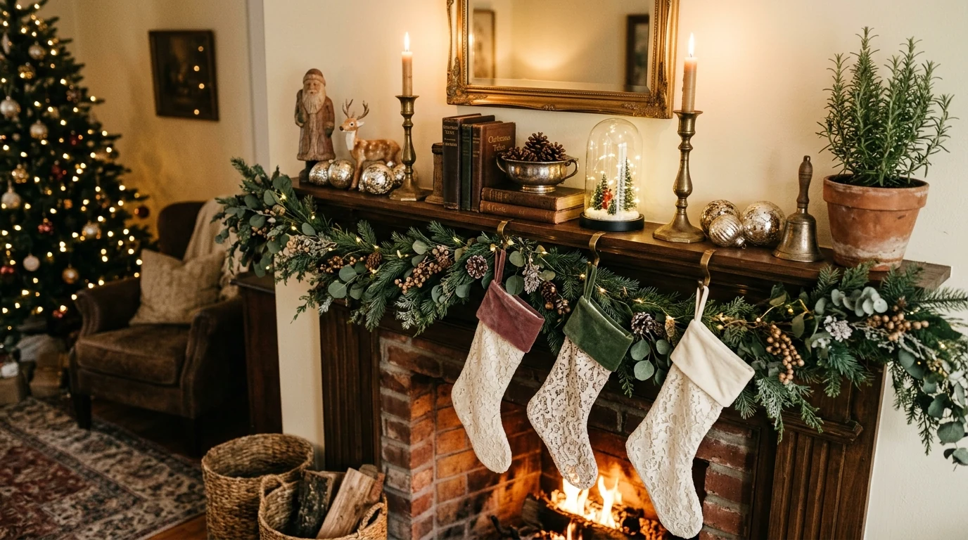 Symmetrical Christmas fireplace styling with mini trees on both sides.