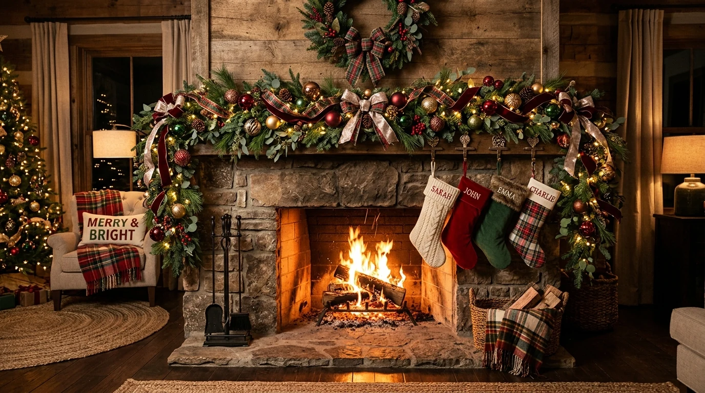 Natural Christmas mantel with dried oranges, pinecones, and greenery.