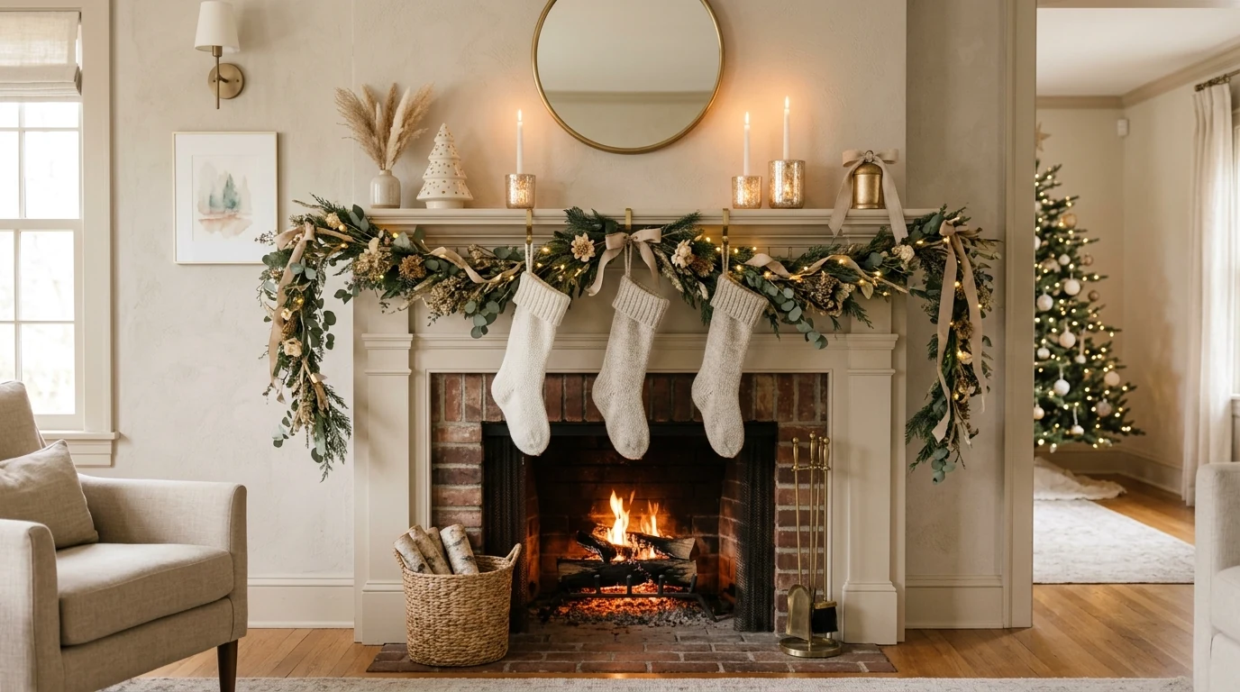 Glam Christmas mantel in black and gold with dramatic holiday styling.