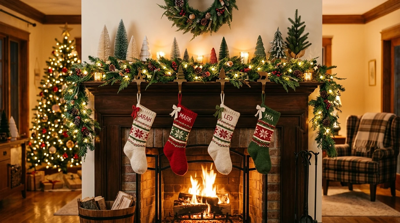 Cozy Christmas mantel with knit stockings and warm candlelight.