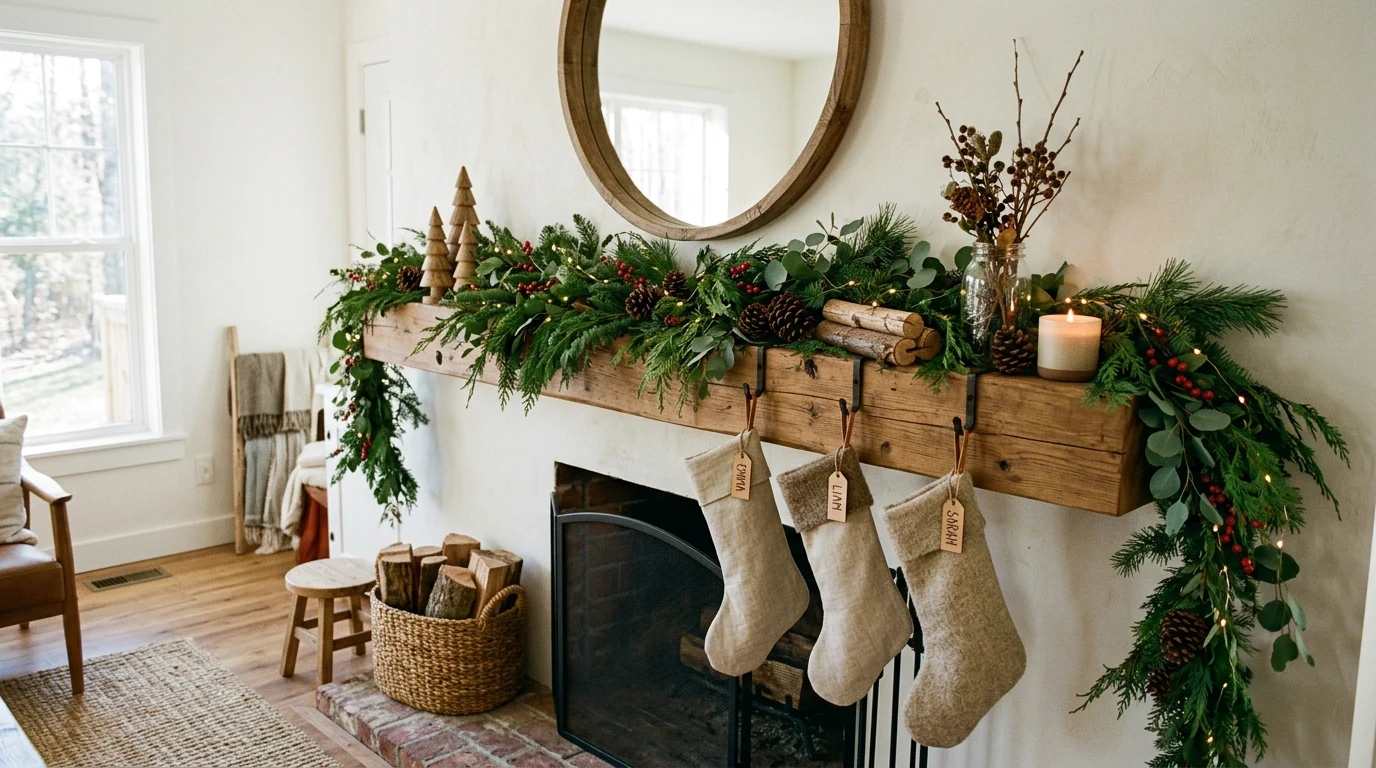Christmas mantel featuring a row of lit village houses and greenery.