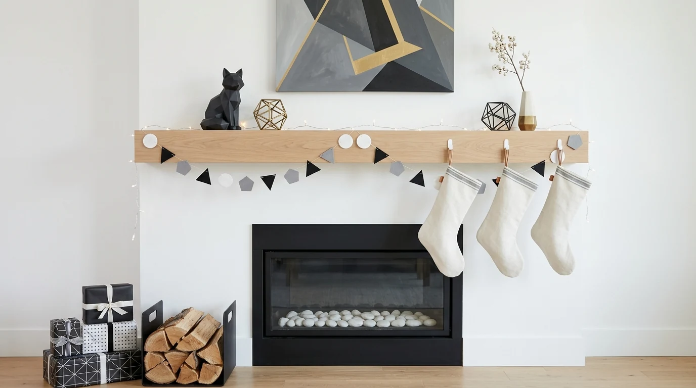 Christmas mantel with layered wood sign, greenery, and candle decor.