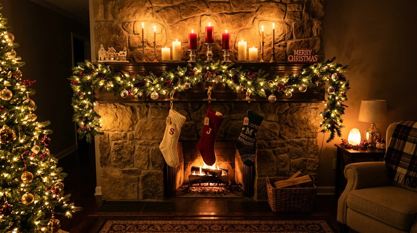 Christmas fireplace with styled hearth baskets, logs, and cozy decor.