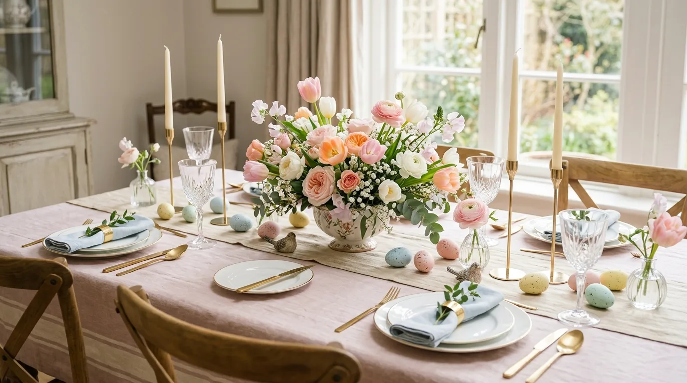 Elegant Easter tablescape with pastel flowers, candles, and decorative eggs on a spring dining table.