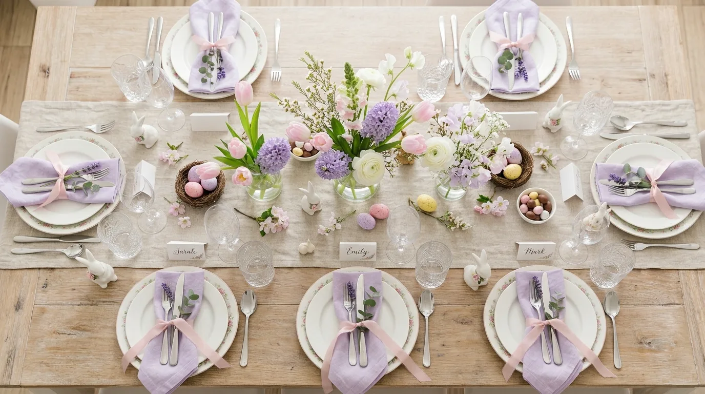 Easter table styled with speckled eggs along a linen runner.