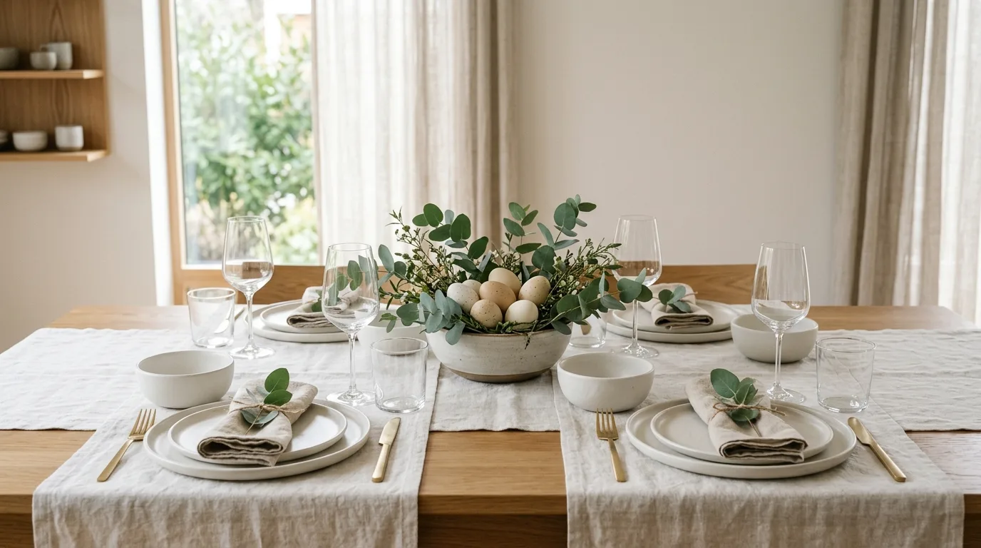 Easter tablescape with pale blue napkins, white plates, and gold flatware.