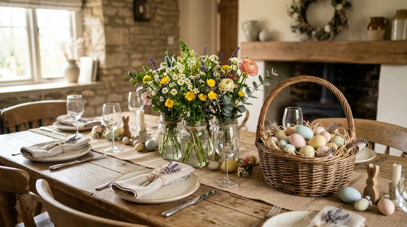 Spring Easter place setting with subtle bunny-themed decor accents.