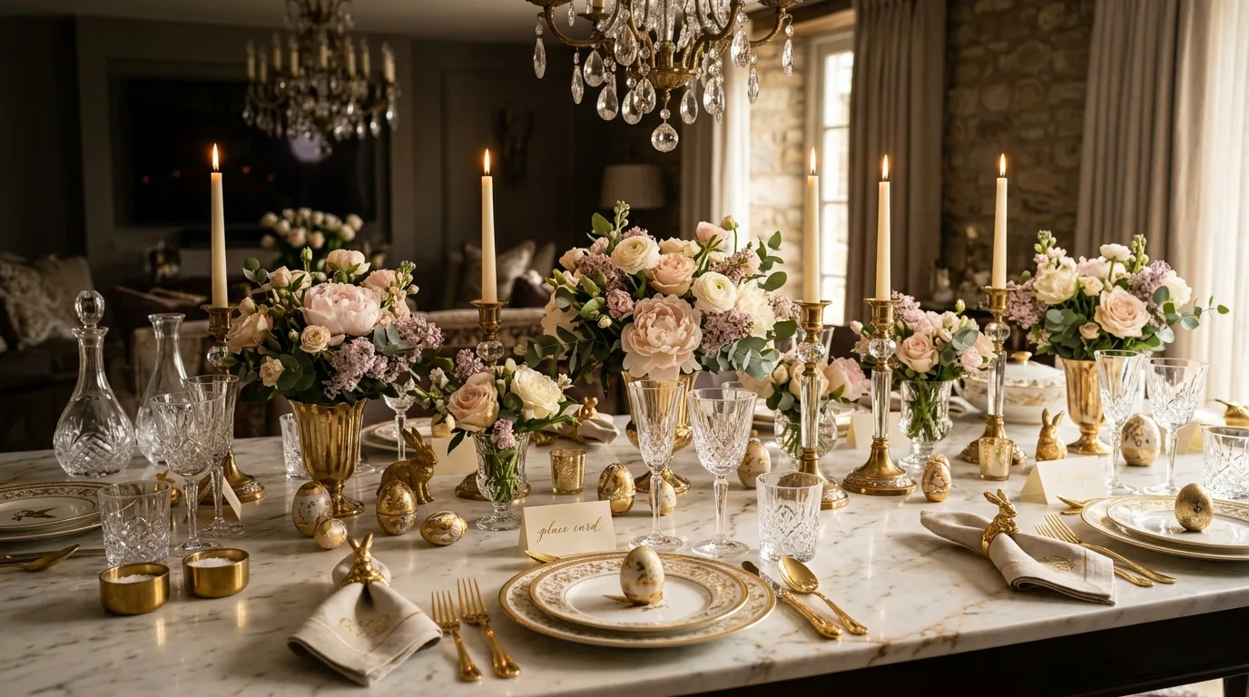 Neutral Easter table with fresh garden greenery and soft spring styling.