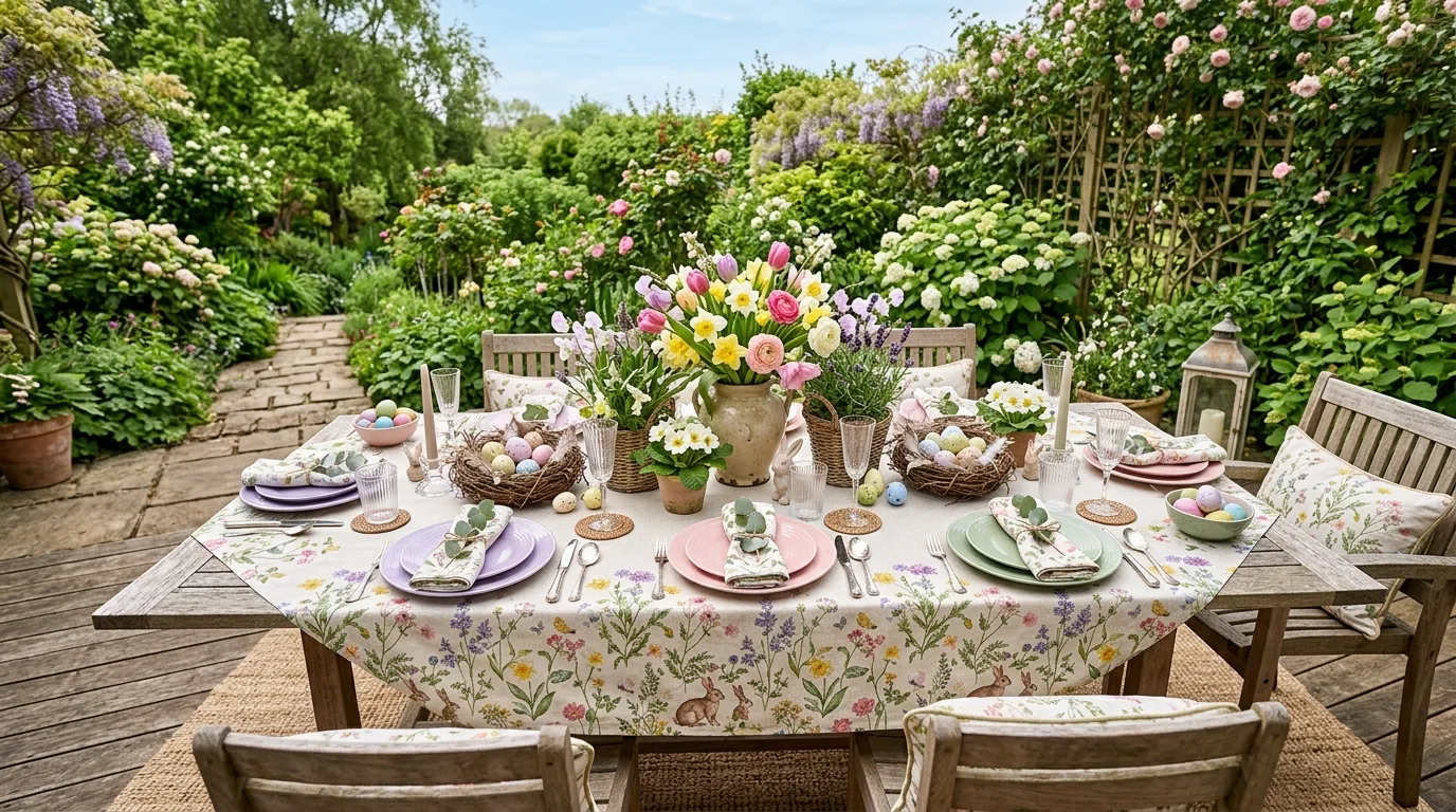 Elegant Easter table with a blush tablecloth and pastel seasonal decor.