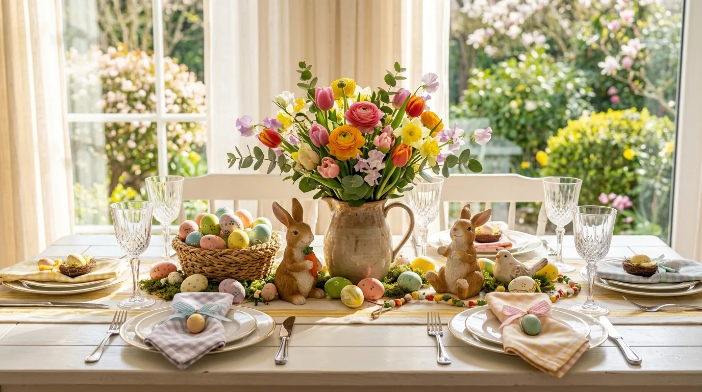 Easter tablescape featuring scalloped dinnerware and spring florals.