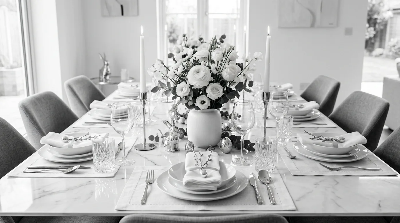 Spring Easter table styled with woven chargers and white dinner plates.