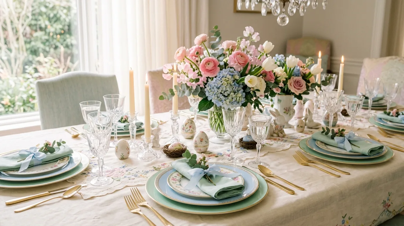 Easter table centerpiece with decorative eggs displayed under glass cloches.