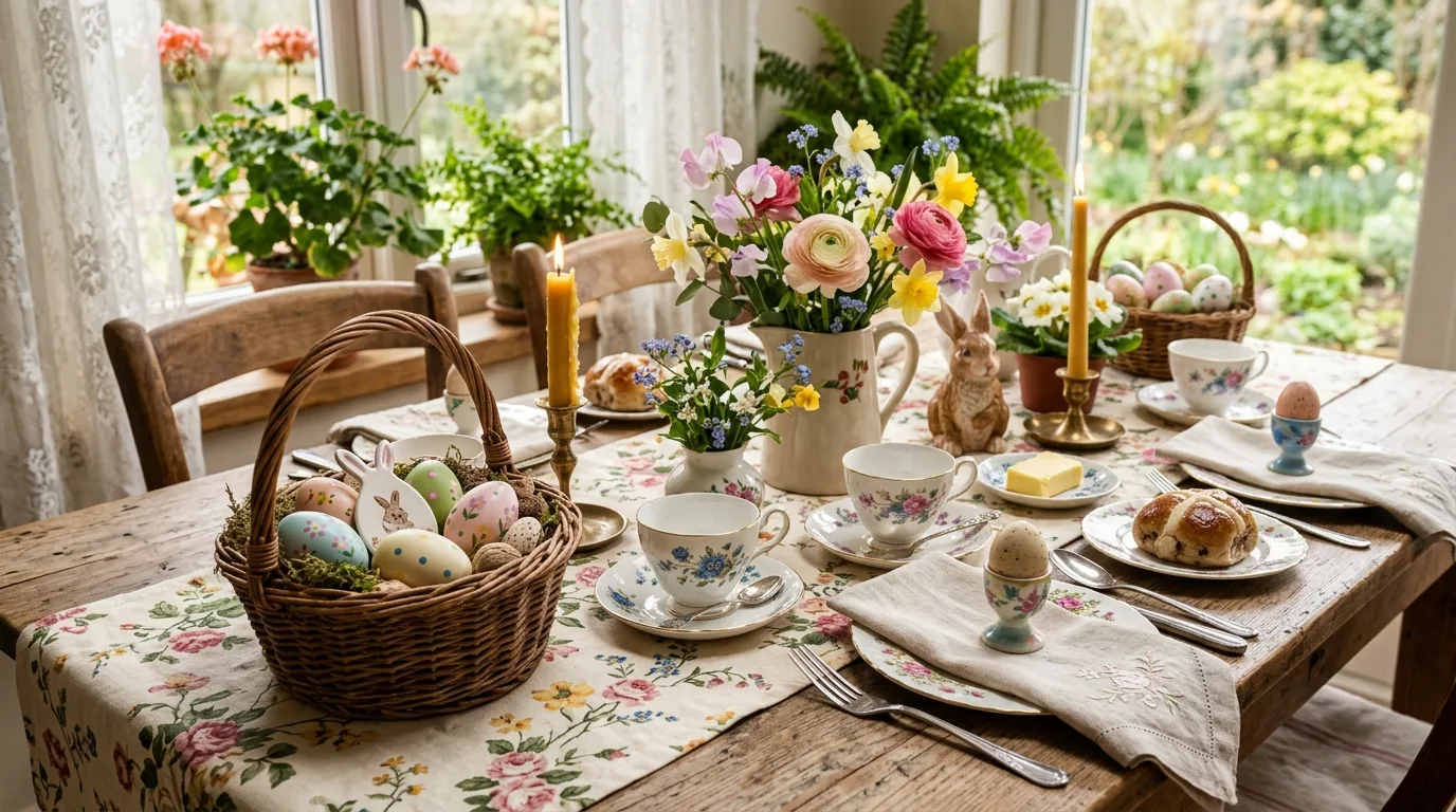 Vintage-inspired Easter tablescape with stoneware plates and candlelight.