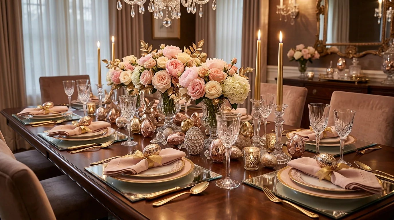Outdoor Easter brunch table with spring flowers, linens, and pastel decor.