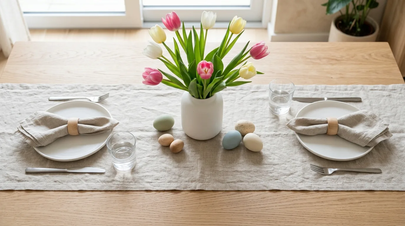 Easter tablescape with tiny nest accents, blossoms, and decorative eggs.