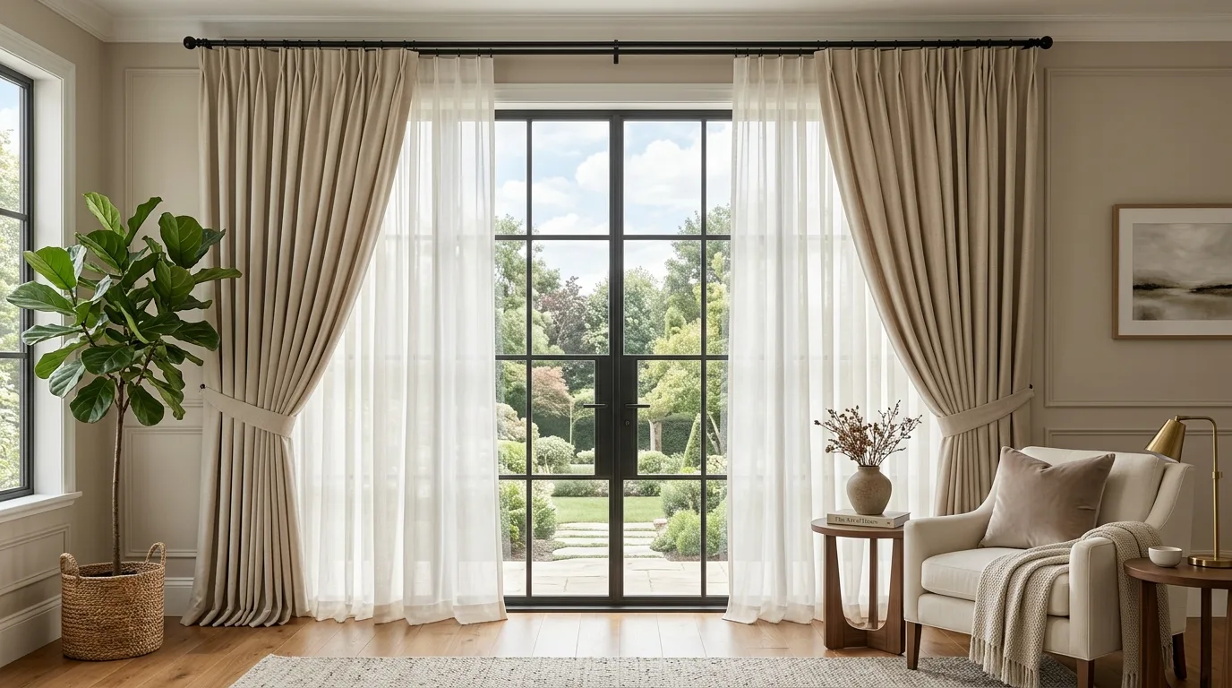 Elegant room with full linen drapes and layered window treatments in soft daylight.
