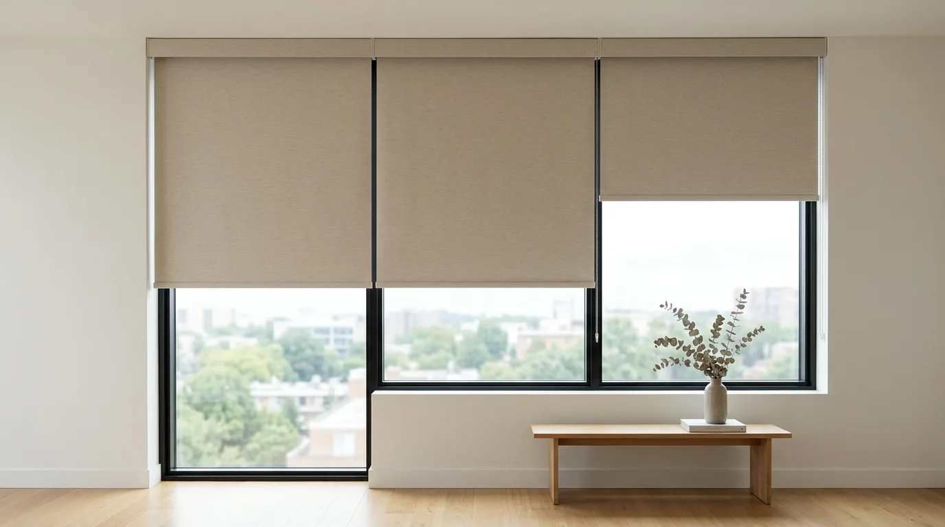 Layered window treatment with sheers and blackout panels in a stylish bedroom.
