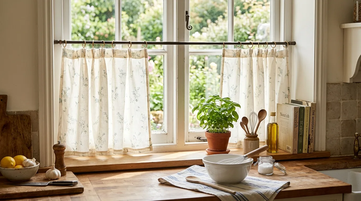 Styled living room window with muted patterned curtain panels.