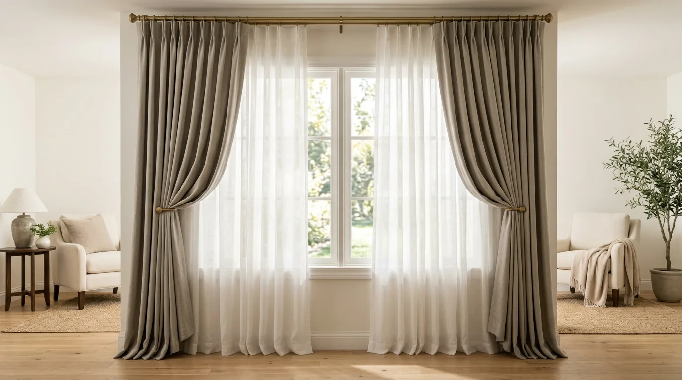 Charming cafe curtains in a bright kitchen window with elegant styling.