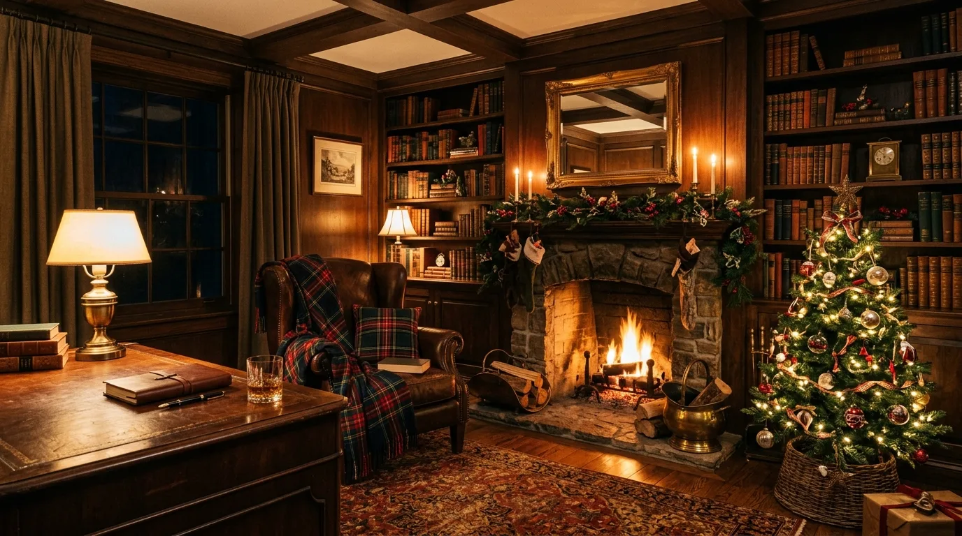 Elegant Christmas lounge with leather seating, evergreen decor, and warm lighting.