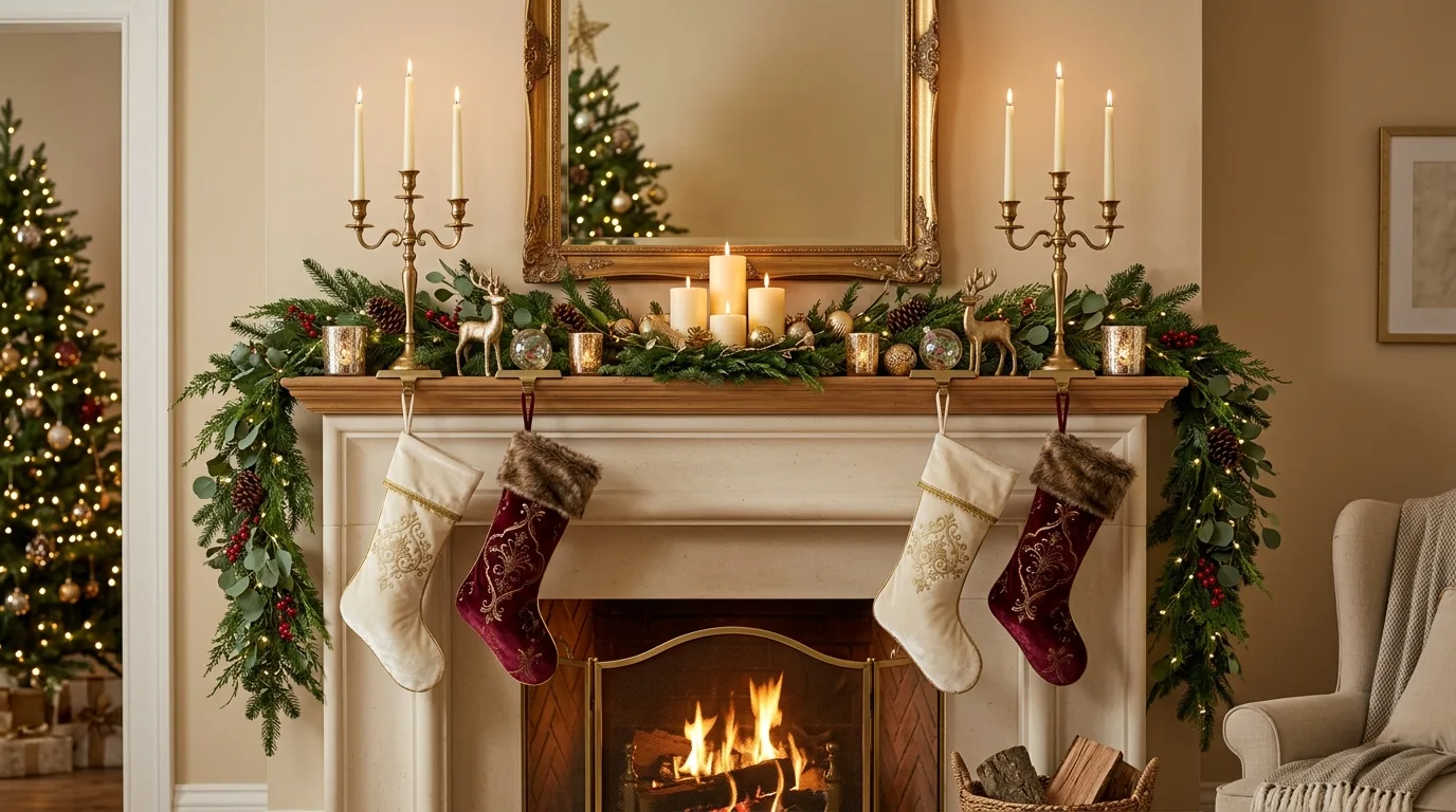 Christmas dining table styled in navy, red, and white with elegant holiday layers.