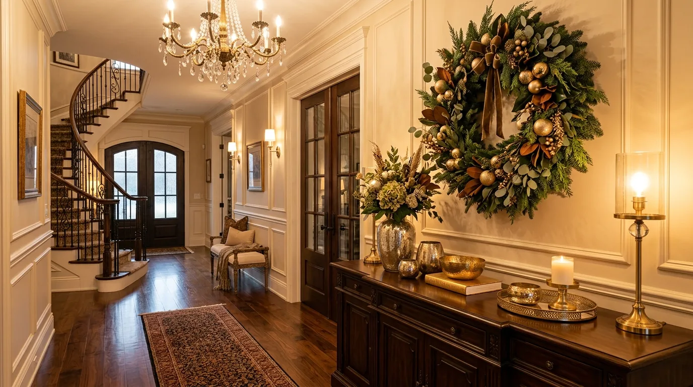 Christmas staircase decorated with boxwood garland, red berries, and ribbon.