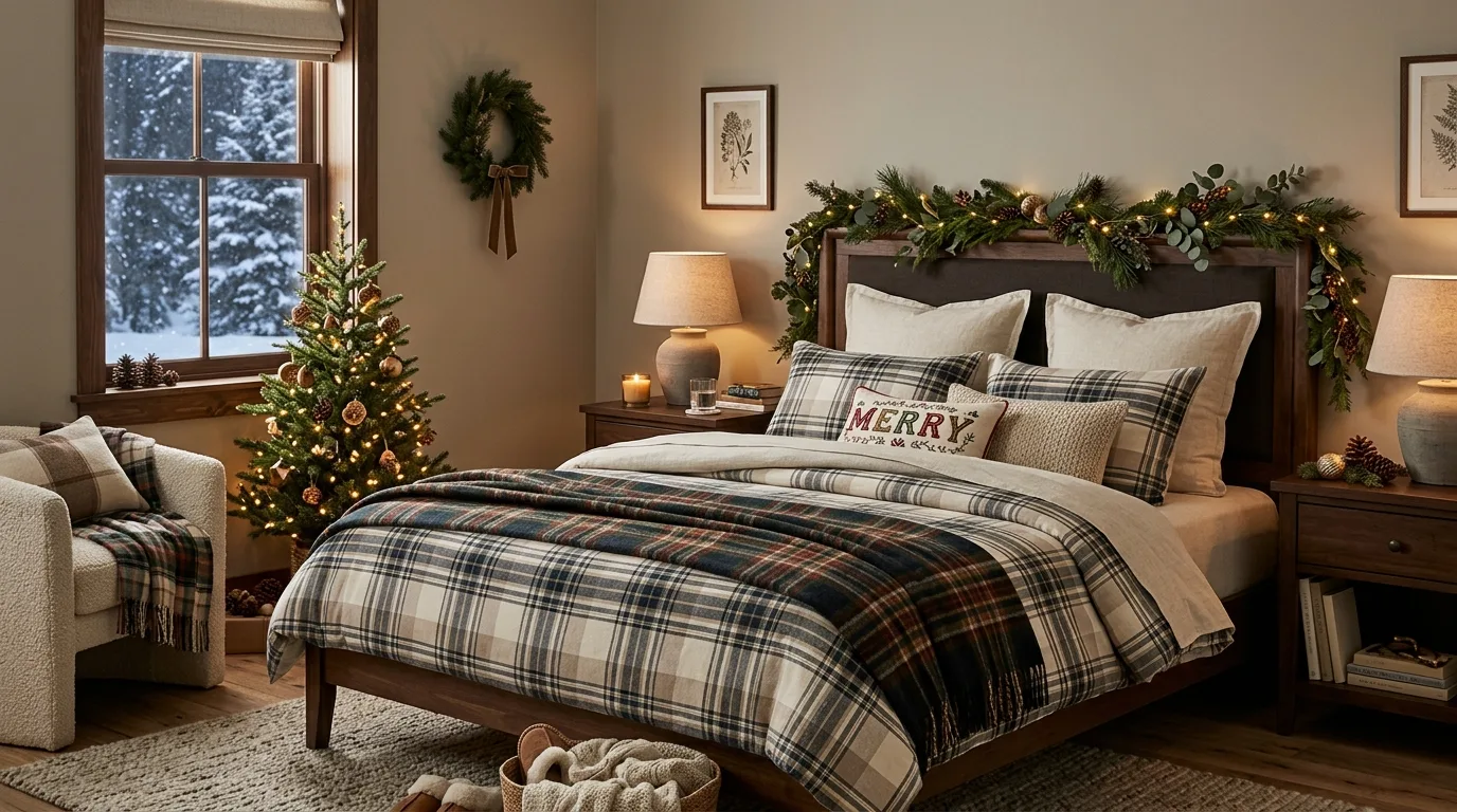 Luxe Christmas bedroom with tailored plaid layers and elegant styling.