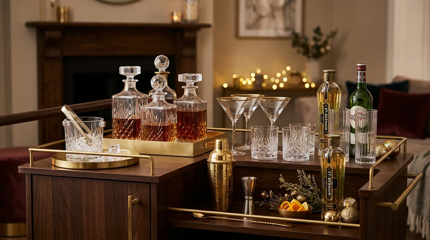 Elegant Christmas bar cart with brass, crystal, and holiday greenery.