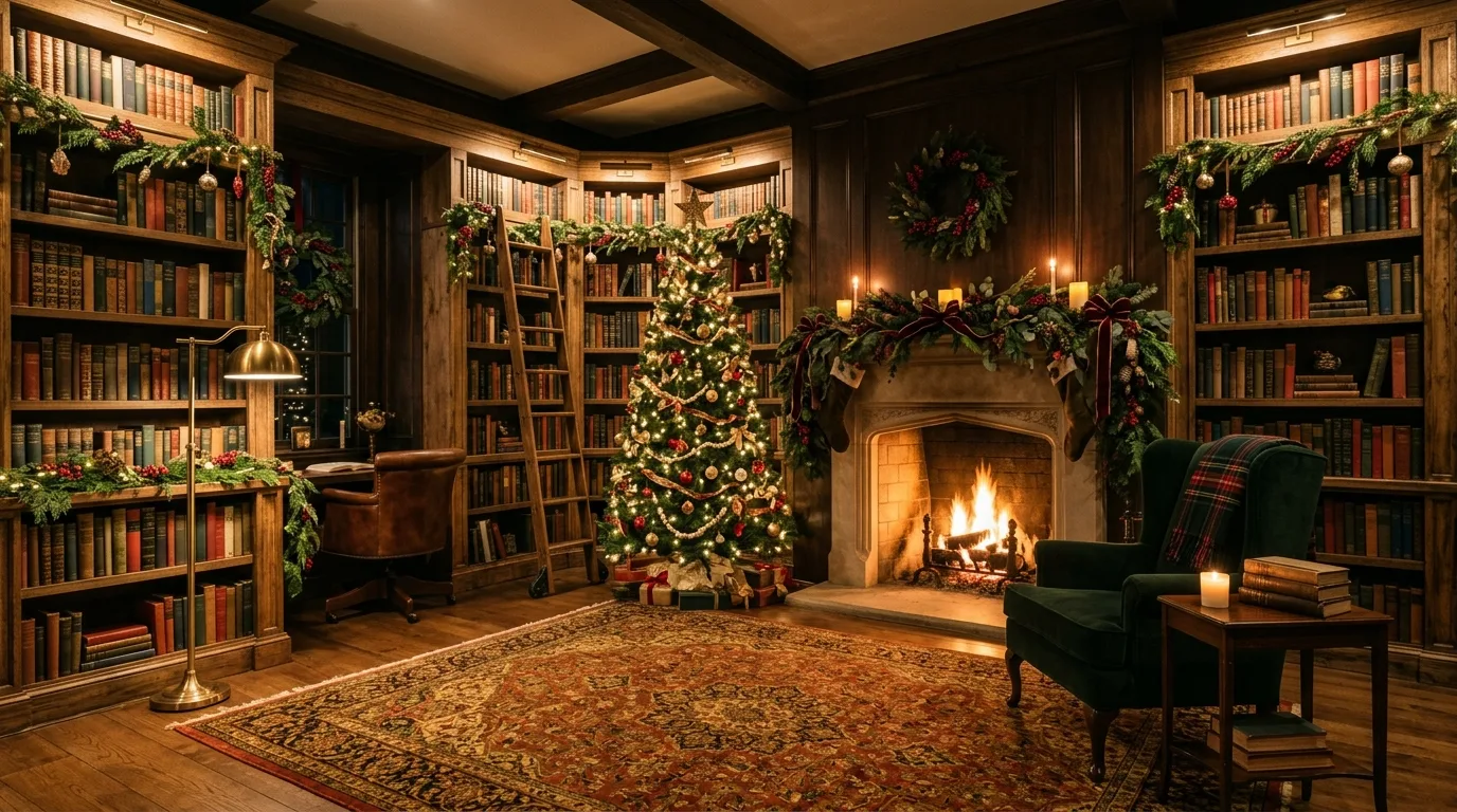 Christmas windows styled with matching layered wreaths and ribbon.